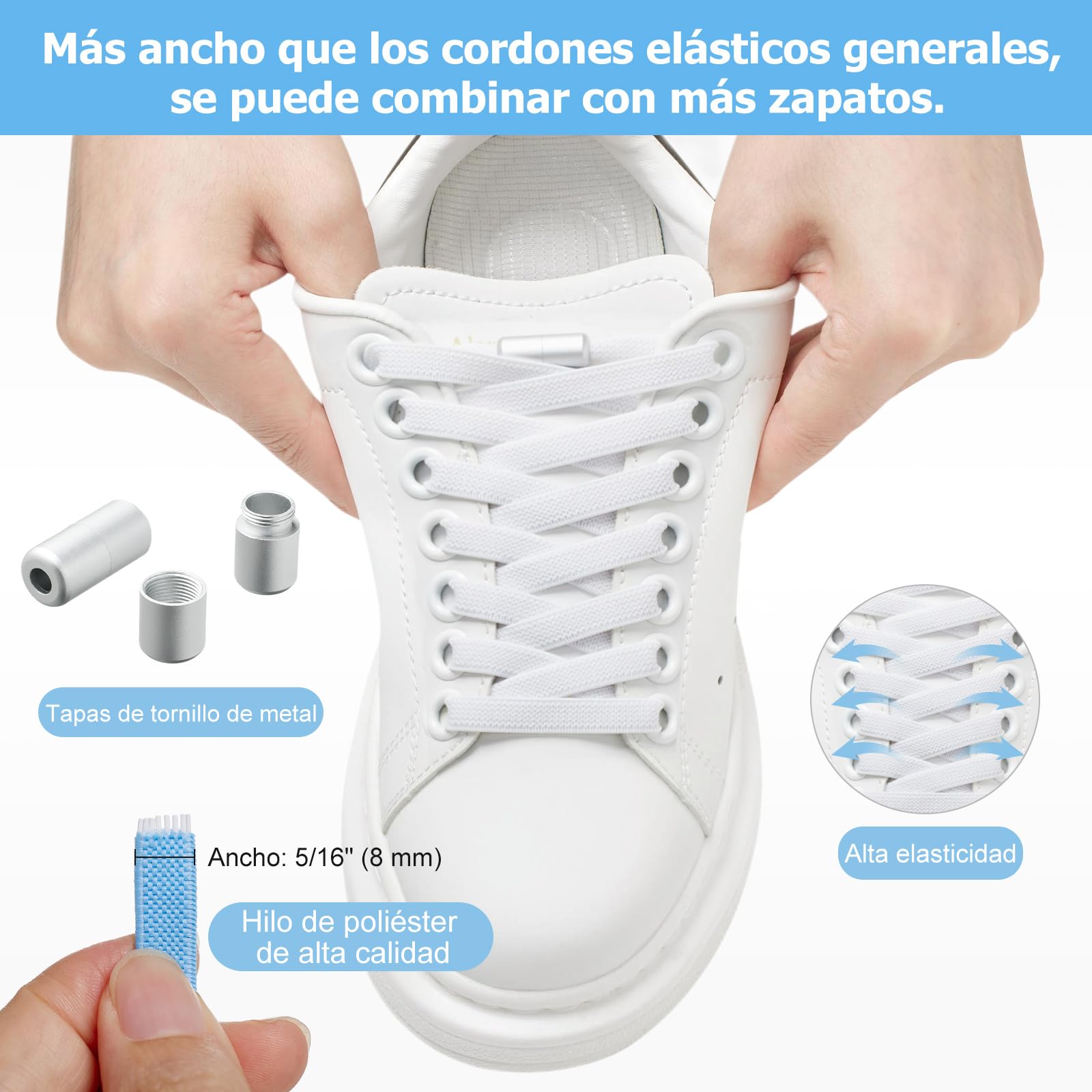 Cordones Elásticos sin Nudo con Hebilla Metal - 2 Pares Planos para Niños y Adultos