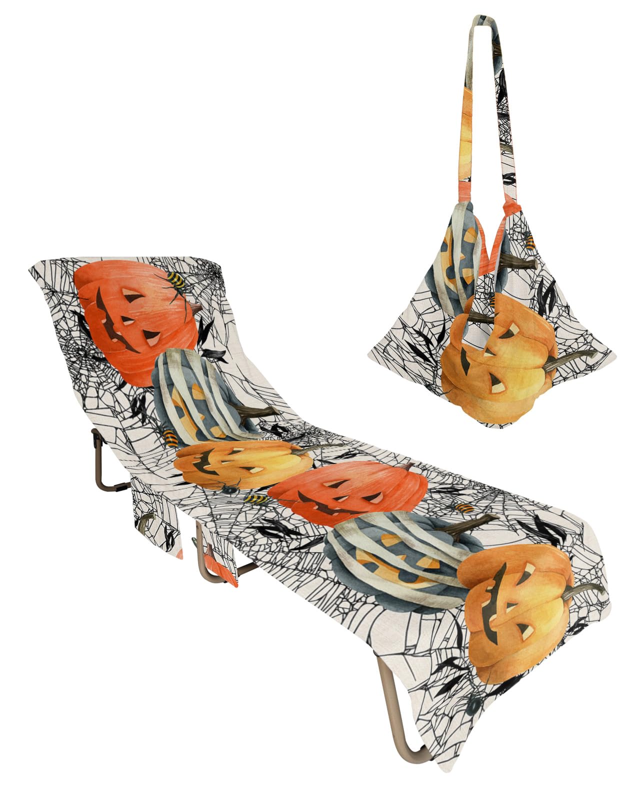 Halloween Beach Lounge Chair Towel Cover, Soft Chaise Lounge Towel with Side Pockets Patio Pool Chairs Cover for Beach/Pool Sunbathing 29x85 Orange Blue Yellow Pumpkins Black Net