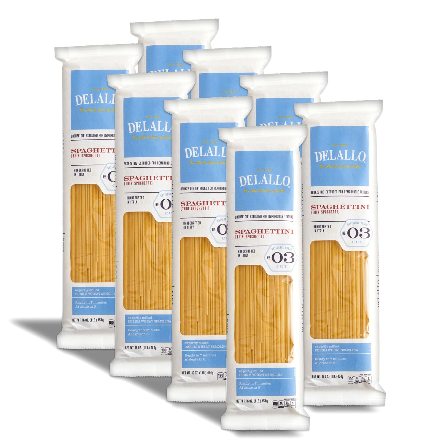 DeLallo Thin Spaghetti Pasta, 1 Pound Bag, 8 Pack, Al Dente Texture, Made in Itay, Cooks in 9 Minutes, Non-GMO, Lactose-Free, Peanut Free