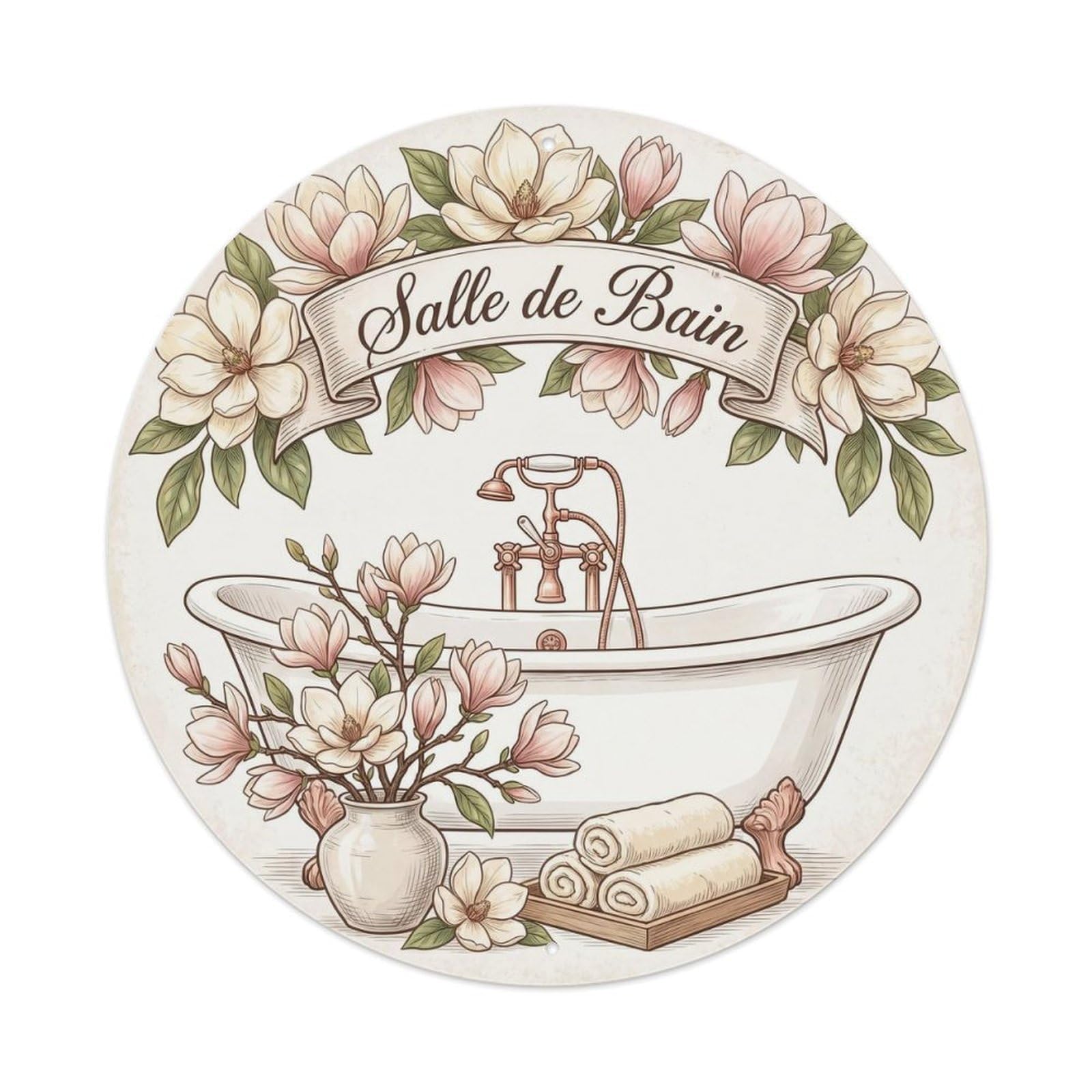 Yrnq Vintage Style Bathroom Magnolia Bathroom Wall Decor Vintage Metal Tin Sign Plaque Wall Decor For Cafe, Club, Garden Round Metal Poster 8X8inch