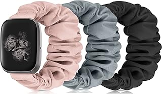 Compatible with Fitbit Versa 2 Bands for Versa/ Versa 2/ Versa Lite Edition for Women, Scrunchie Watch Bands Elastic Wristbands Replacement Bands for Fitbit Versa (W Black Grey Pink S)