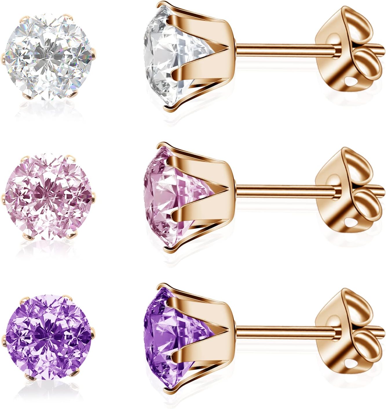 3 Pairs/Set Titanium Cubic Zirconia Stud Earrings Brilliant Cut Simulated Diamond CZ Earrings Hypoallergenic Ear Studs for Sensitive Ears