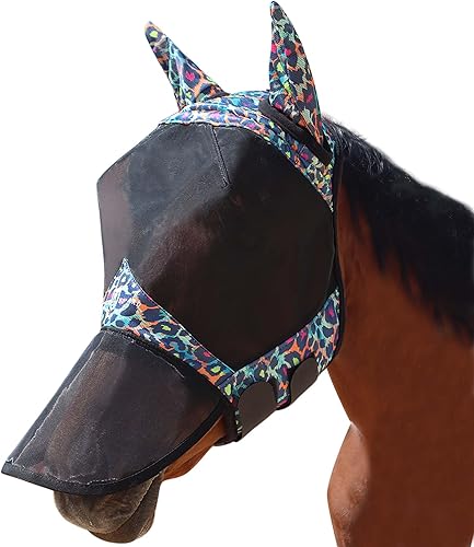 Harrison Howard Pro LumiVista Horse Full Face Fly Mask Large Eye Space Long Nose with Ears UV Protection for Horse Cute Hearts L(Iridescent Prints,M)