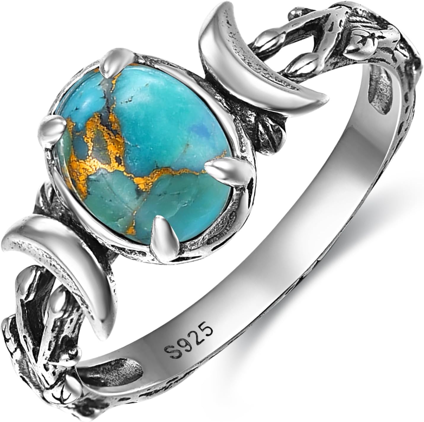 Triple Moon Rings 925 Sterling Silver Moon Phase Rings for Women Oval Moonstone/Teal Turquoise/Moss Agate Inlay Western Boho Gemstone Ring Jewelry Oxidized Silver Gift for Women Size 5-9