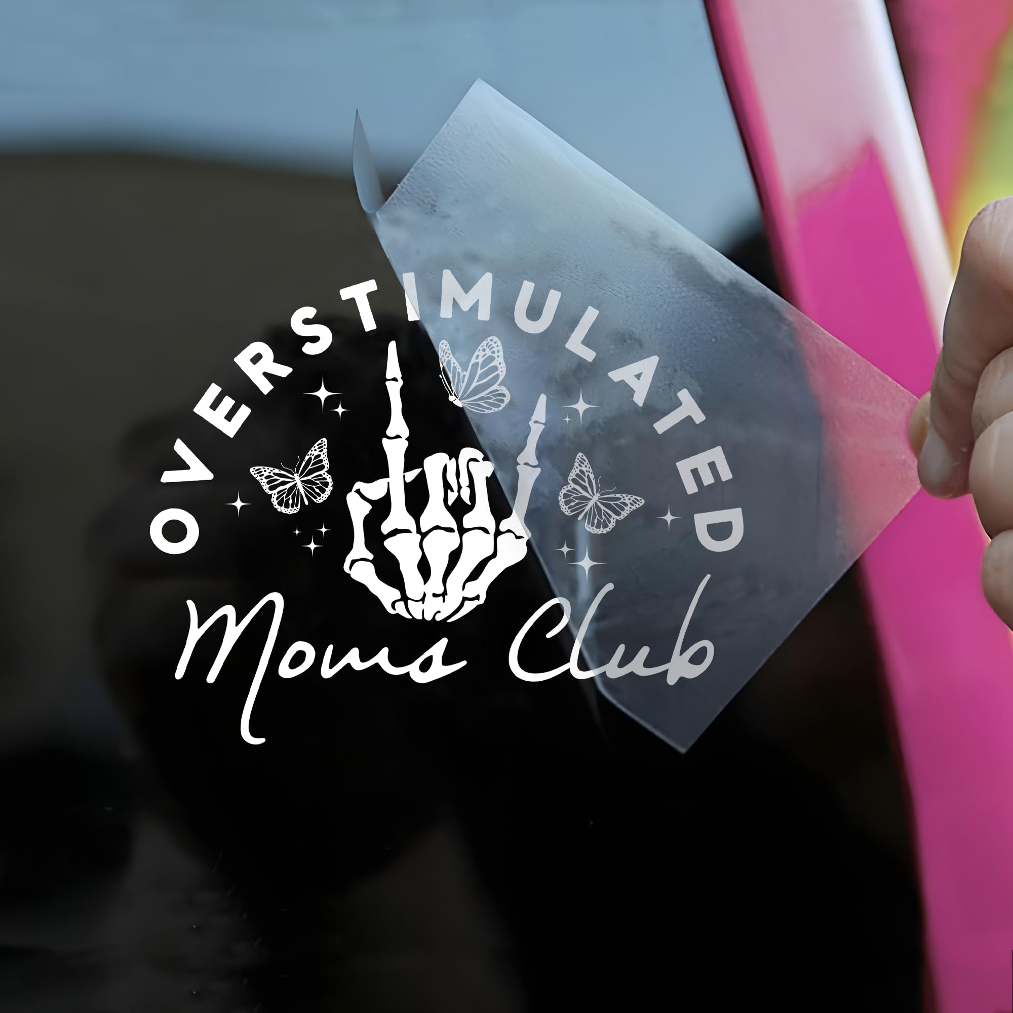 Overstimulated Mom Club Car Decal Funny Hand, Skeleton, Butterfly, Neurodivergent, Mental Health Humor Car Window Accessories Affirmations Vinyl Waterproof 6 Inches Bumper Sticker Gift for Mom Dad