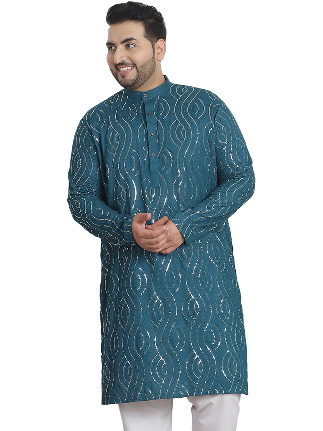 Sojanya Plus (Since 1958) Men's Cotton Designer Teal Blue Long Kurta