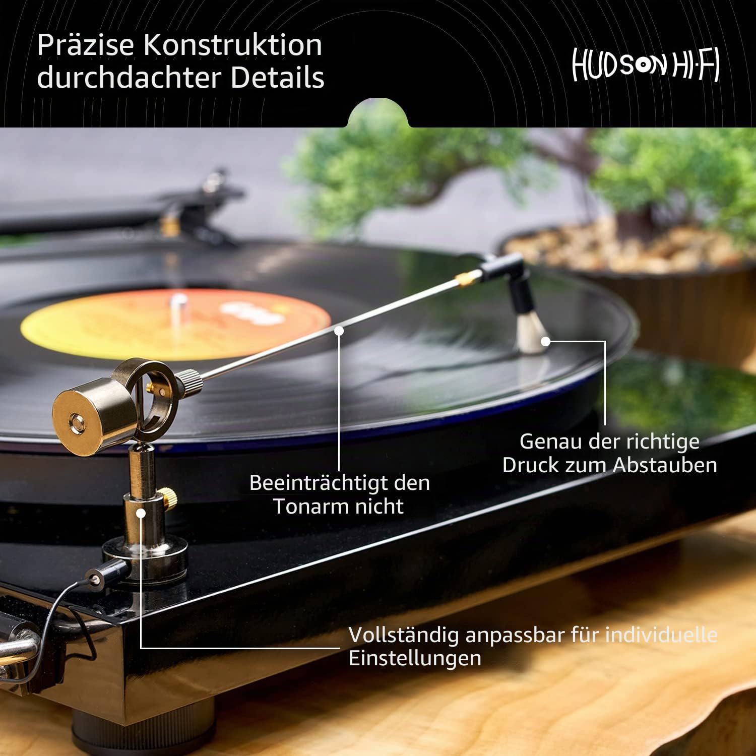 Hudson Hi-Fi Schallplattenreiniger Antistatische Bürste - Schallplattenreinigung Arm Bürste Reiniger Antistatische LP Reinigungsbürste - Plattenspieler Reinigung Schallplattenbürste transparent