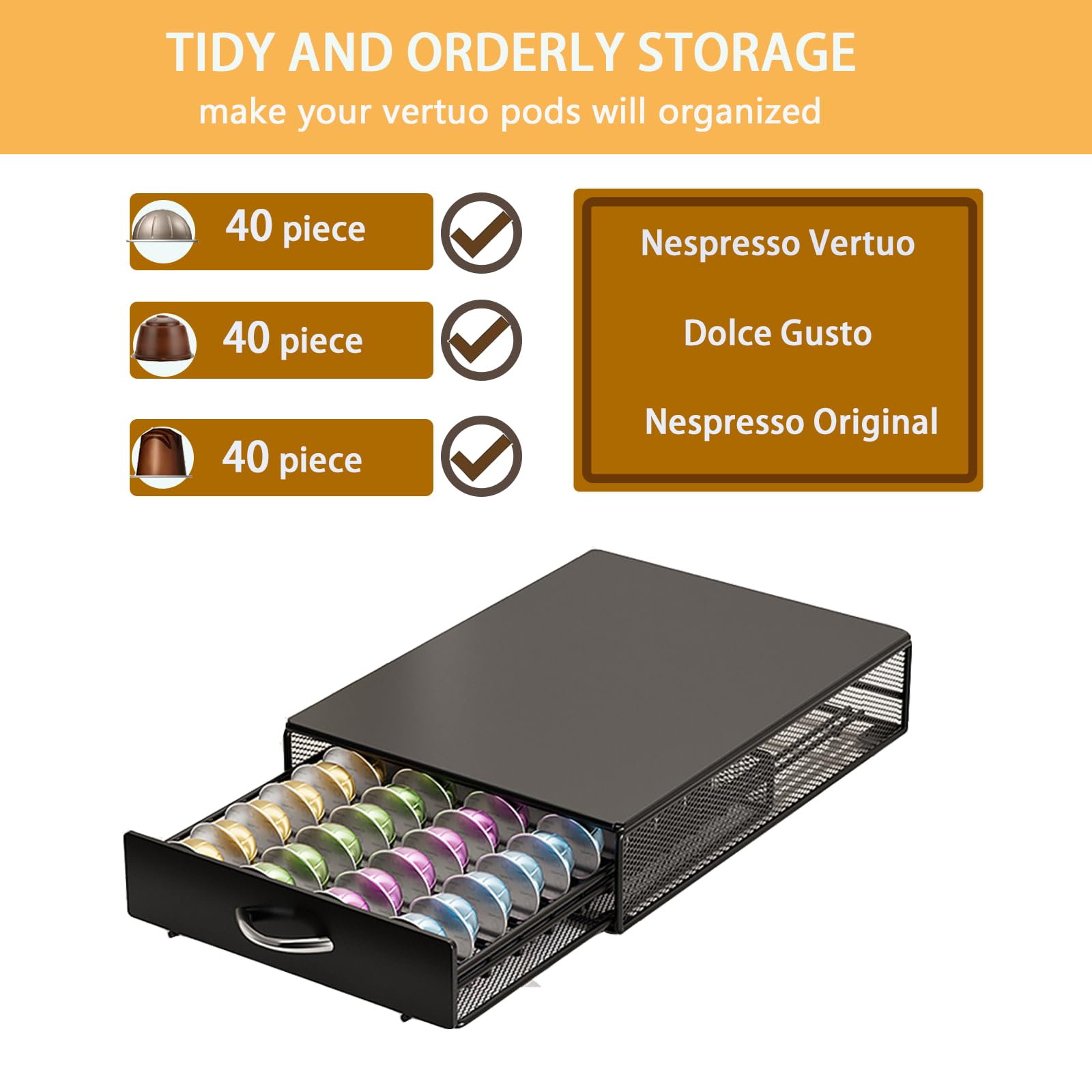 SEVENLINE Cajón para cápsulas de café compatible con Nespresso Vertuoline Dolce Gusto Black Metal Orgainzer 40 cápsulas Vertuo Line Storage para encimera de oficina en casa