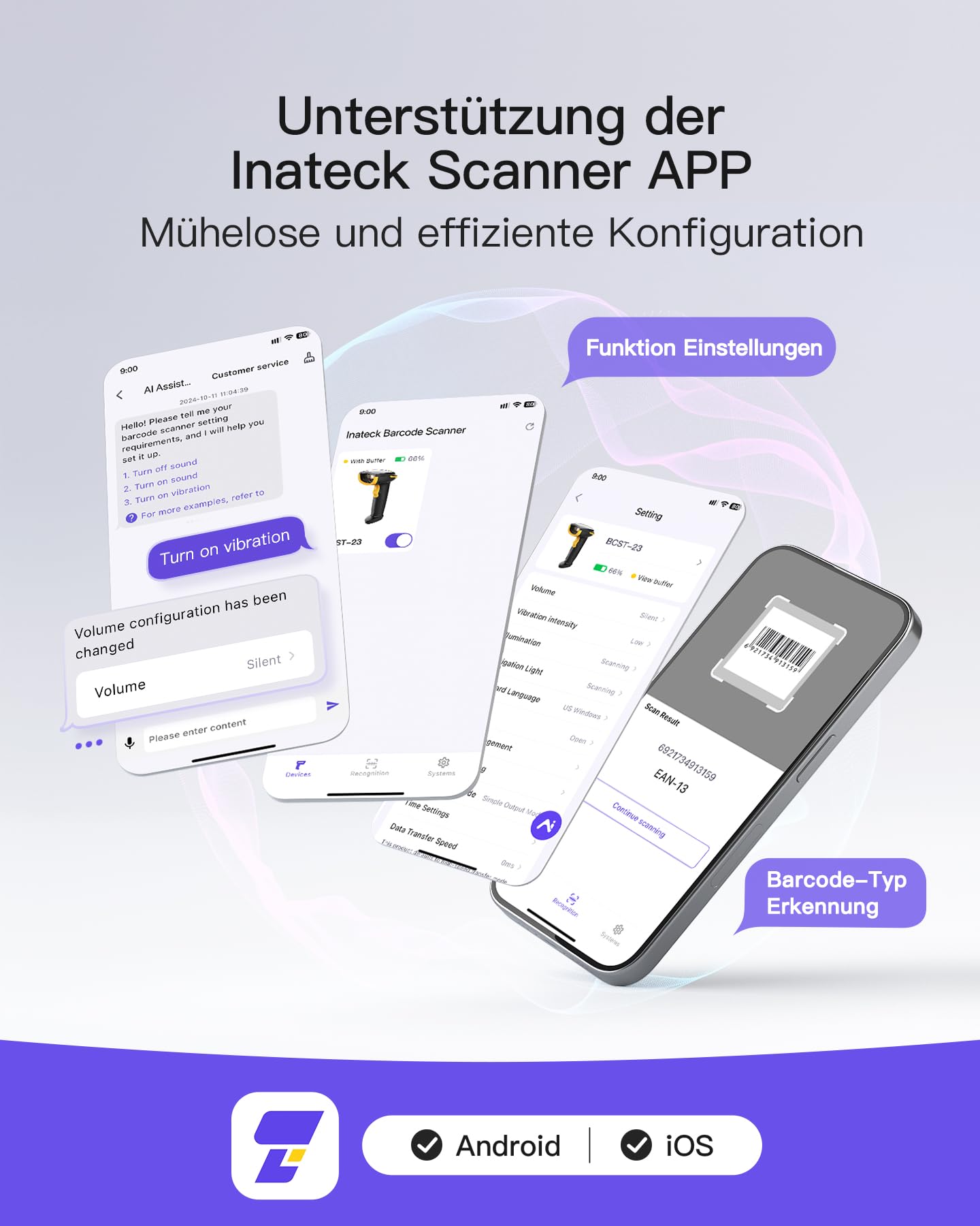 Inateck BCST-23 Kabelloser 1D 2D QR Code Barcode Scanner, Bluetooth 2,4 GHz, 2600mAh