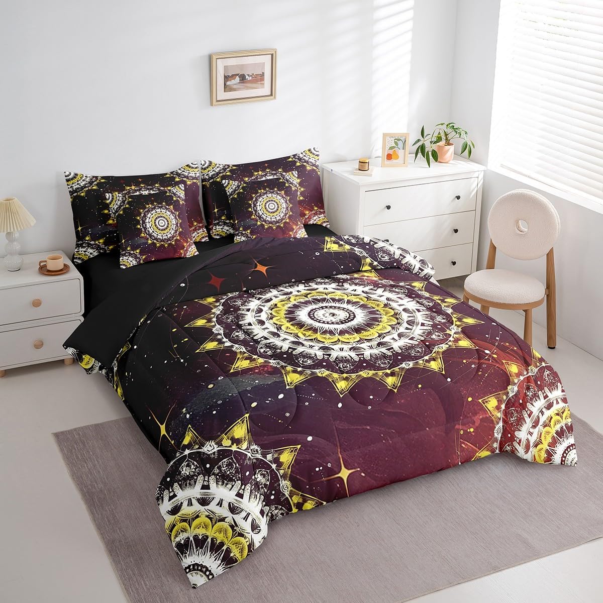 Erosebridal Mandala 7 Piece Comforter Set Full,Modern Ombre Red Black Mandala Floral Bed in a Bag with Flat Sheet and Fitted Sheet,Boho Flowers Starry Sky Gradient Bedding Set with Pillowcase & Sham