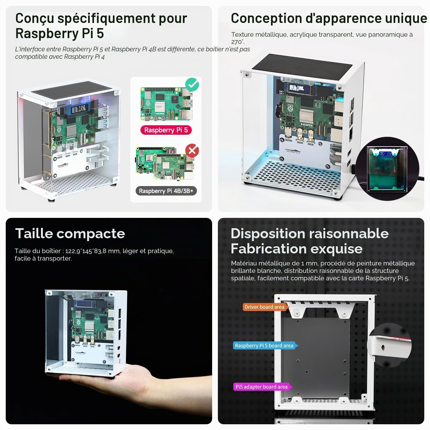 Yahboom Raspberry Pi 5 M.2 SSD PCIe Mini PC pour Pi 5 avec Radiateur Tour, Ventilateur RVB, écran OLED, avec Adaptateur M.2, SSD NVME 256 Go