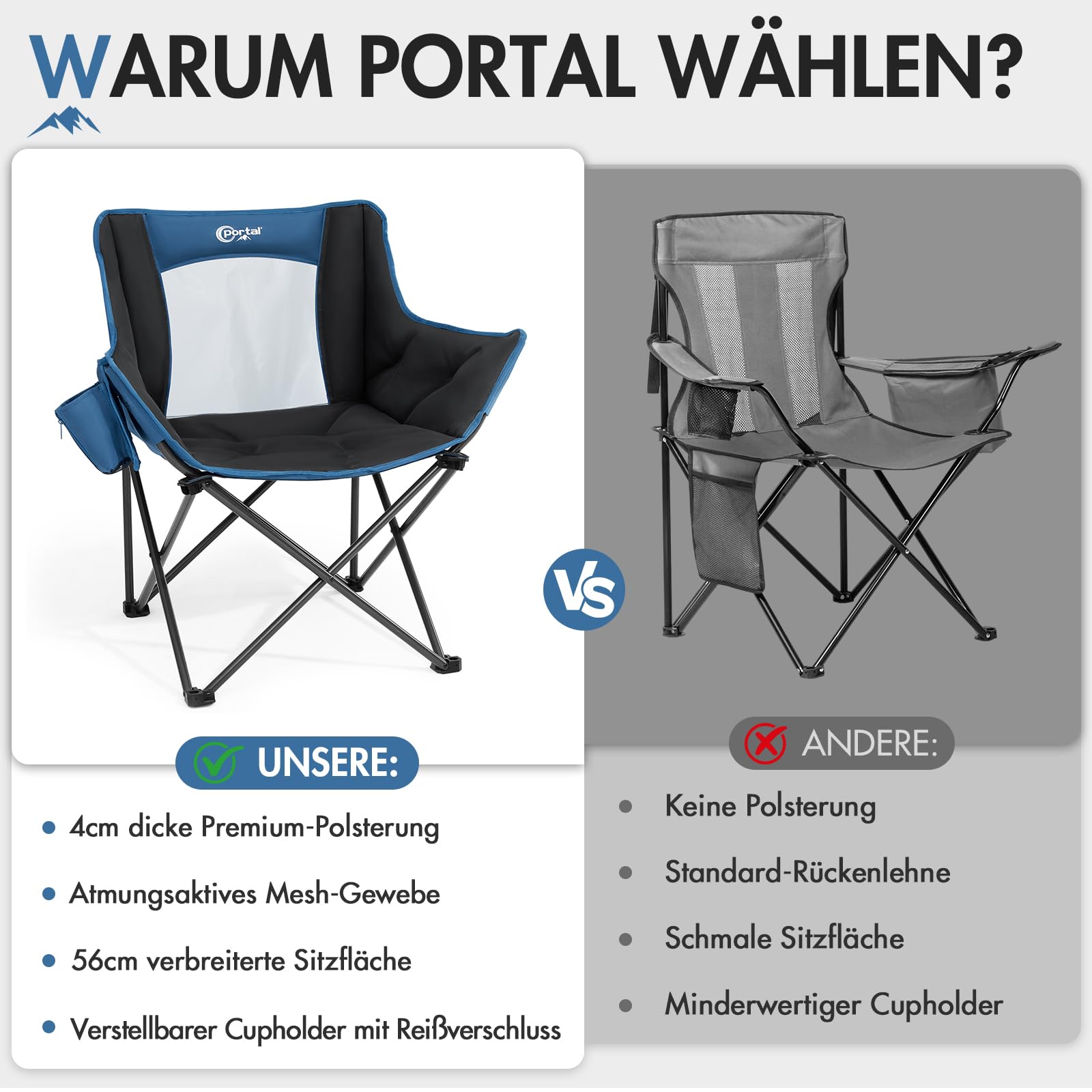 Portal Campingstuhl Faltbar Klappstuhl Camping Klappbar Super Weich 150kg Belastbar Faltbarer Angelstuhl XXL mit Armlehnen