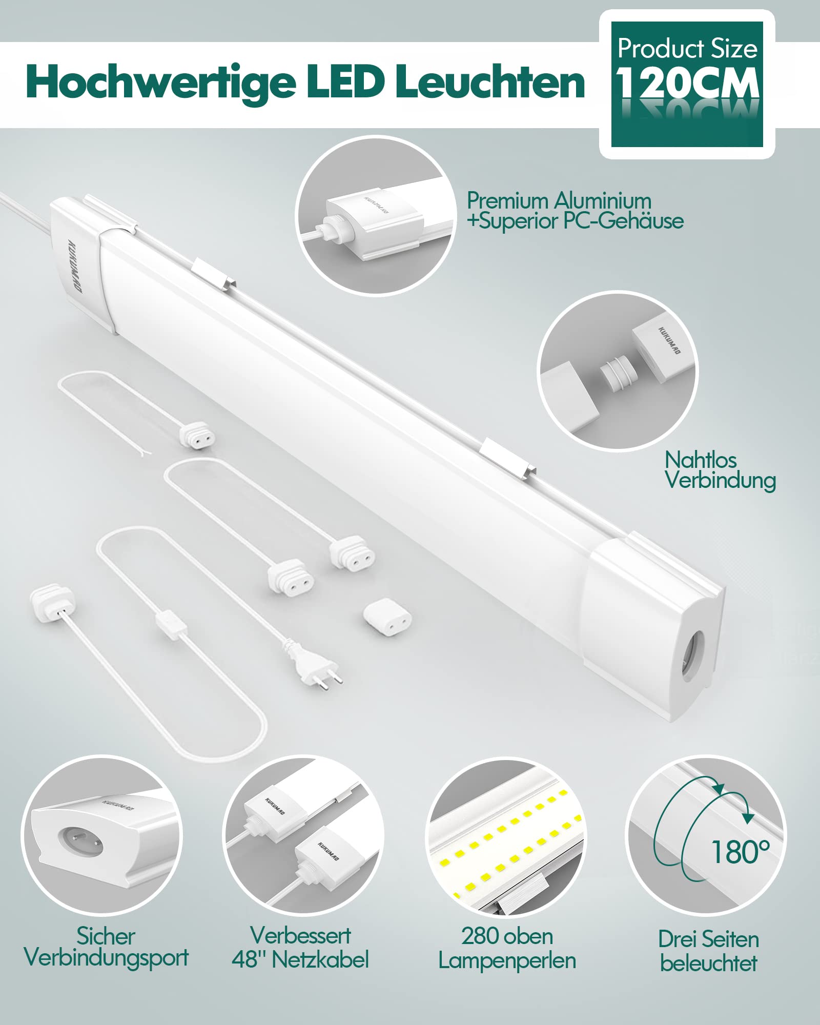 KUKUMAO Feuchtraumleuchte LED Mit Stecker, 36W 120CM Röhre, 4000K Werkstatt Deckenleuchte, IP66 Deckenleuchte, 4000LM Leuchten für Garage Werkstatt Keller Bad [Energieklasse F+]