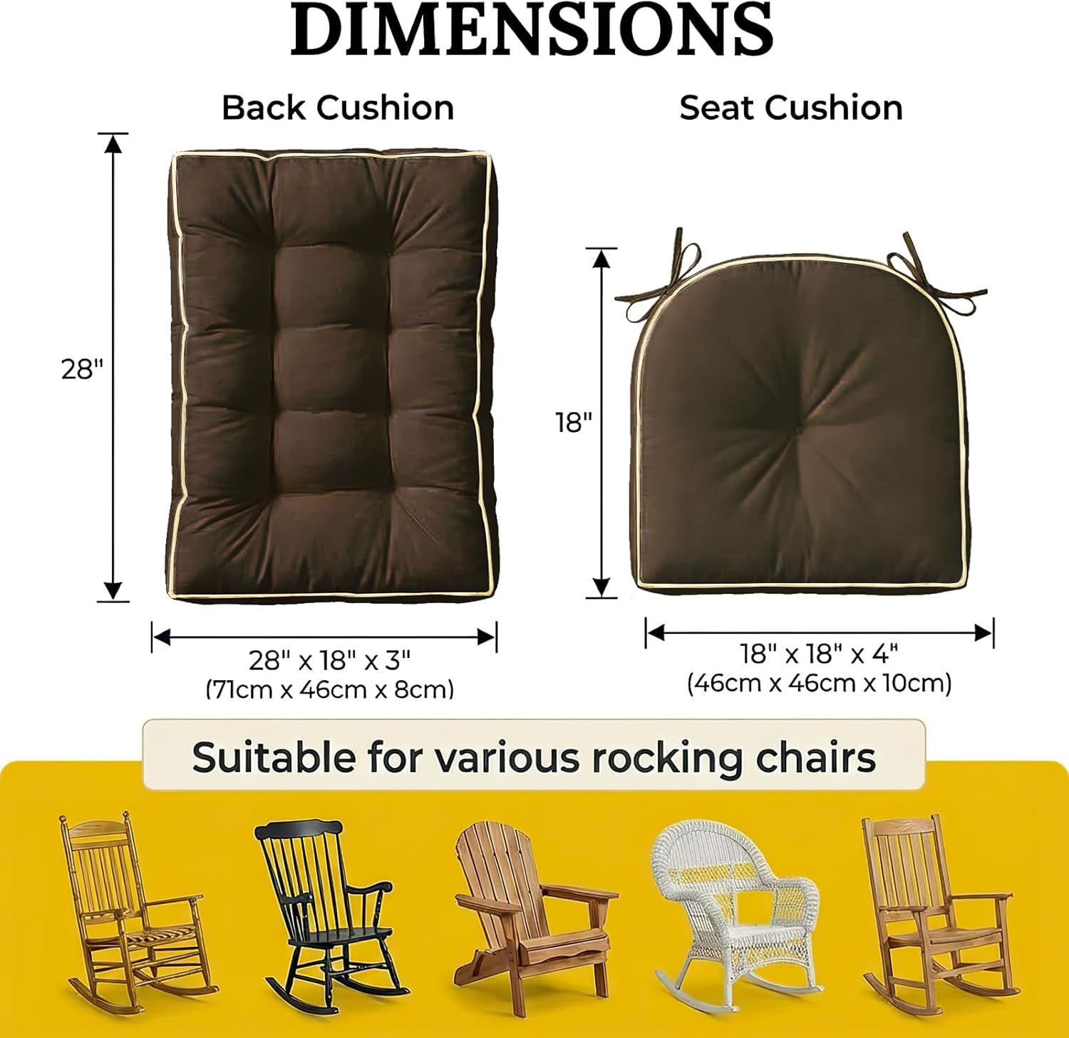 1 MIDDLE ONE Rocking Chair Cushion Outdoor Indoor, Memory Foam Replacement Rocking Chair Pads, Set of Thicken Seat & Back Cushions with Ties for Rocker (Coffee, 28"X18"/18"X18")