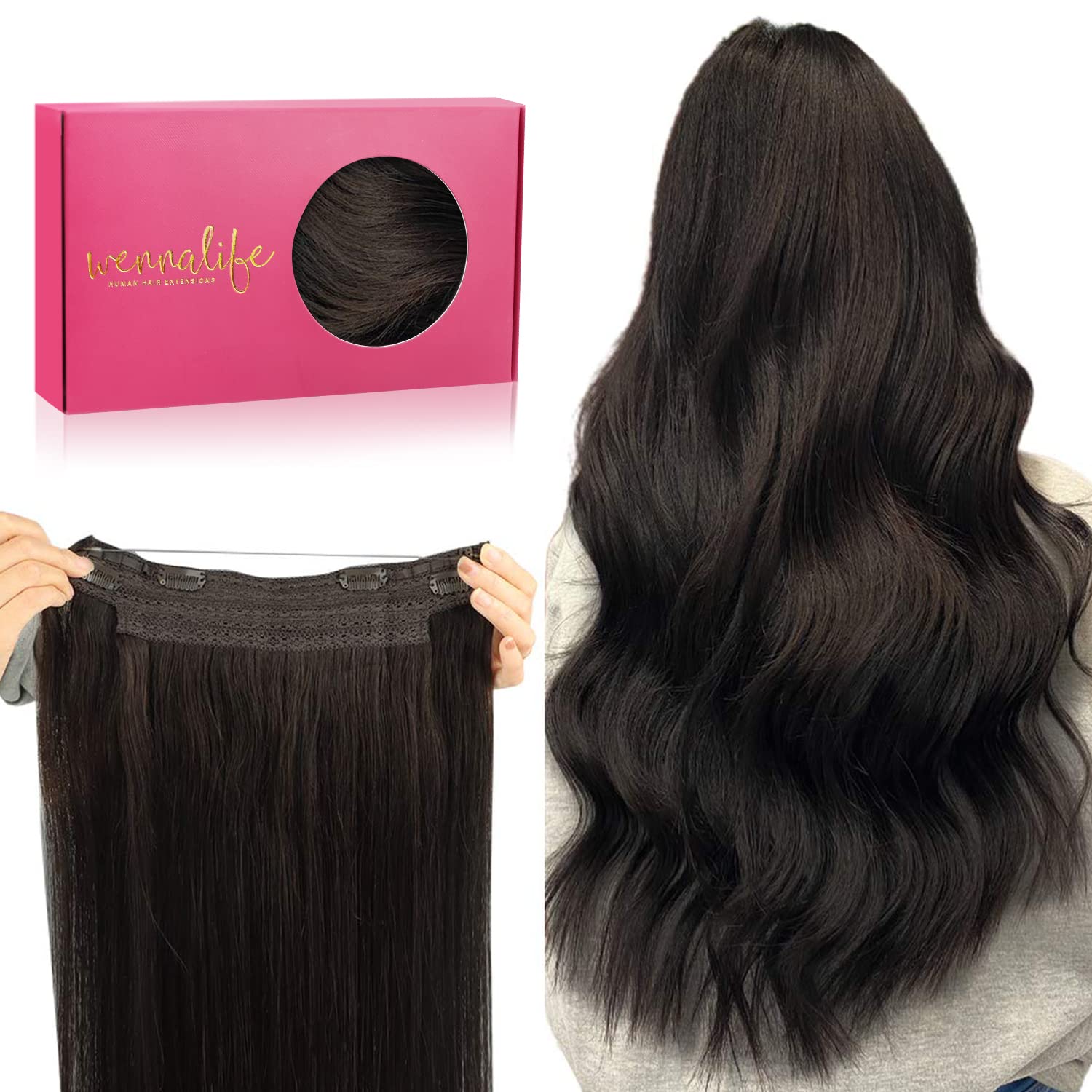 WENNALIFE Wire Hair Extensions for Women, 16 inch 95g Dark Brown Hair Extensions Human Hair Invisible Human Hair Extensions for Women Real Human Hair Straight Extension Cheveux Humain