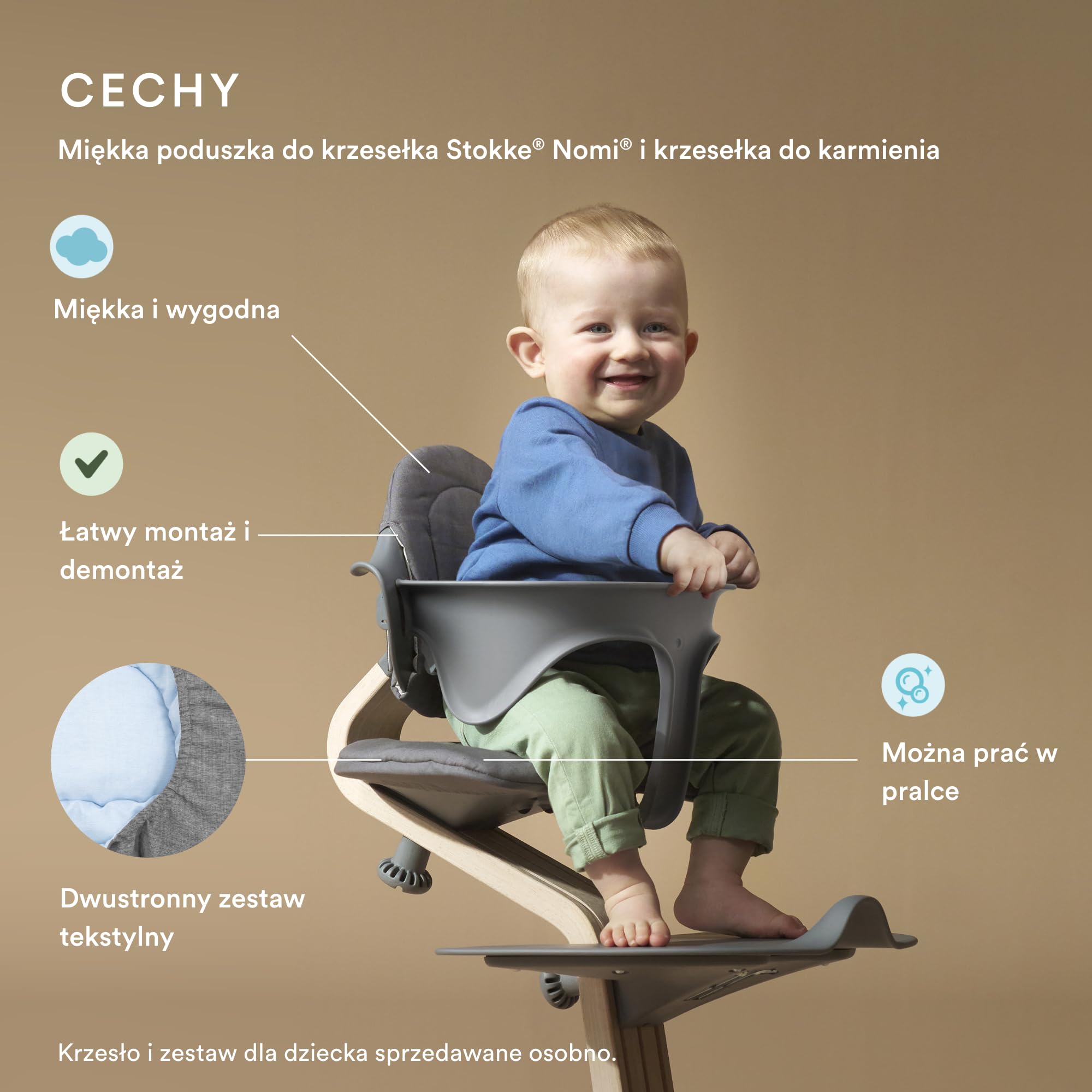 Poduszka Stokke Nomi, Grey Blue - dodaje miękkości i wygody krzesełku Nomi i krzesełku do karmienia - dla dzieci w wieku 6+ miesięcy - można prać w pralce