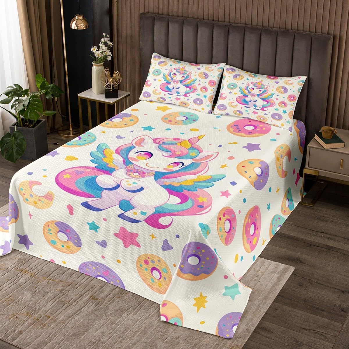 Homewish Cute Dinosaur Kids Bedspread Queen Size,Universe Planet Bedding Set for Boys Girls Room Decor,Star Hand Drawn Cartoon Animal Quilt 3Pcs,Outer Space Polka Dot Blue Coverlet Set,2 Pillowcases