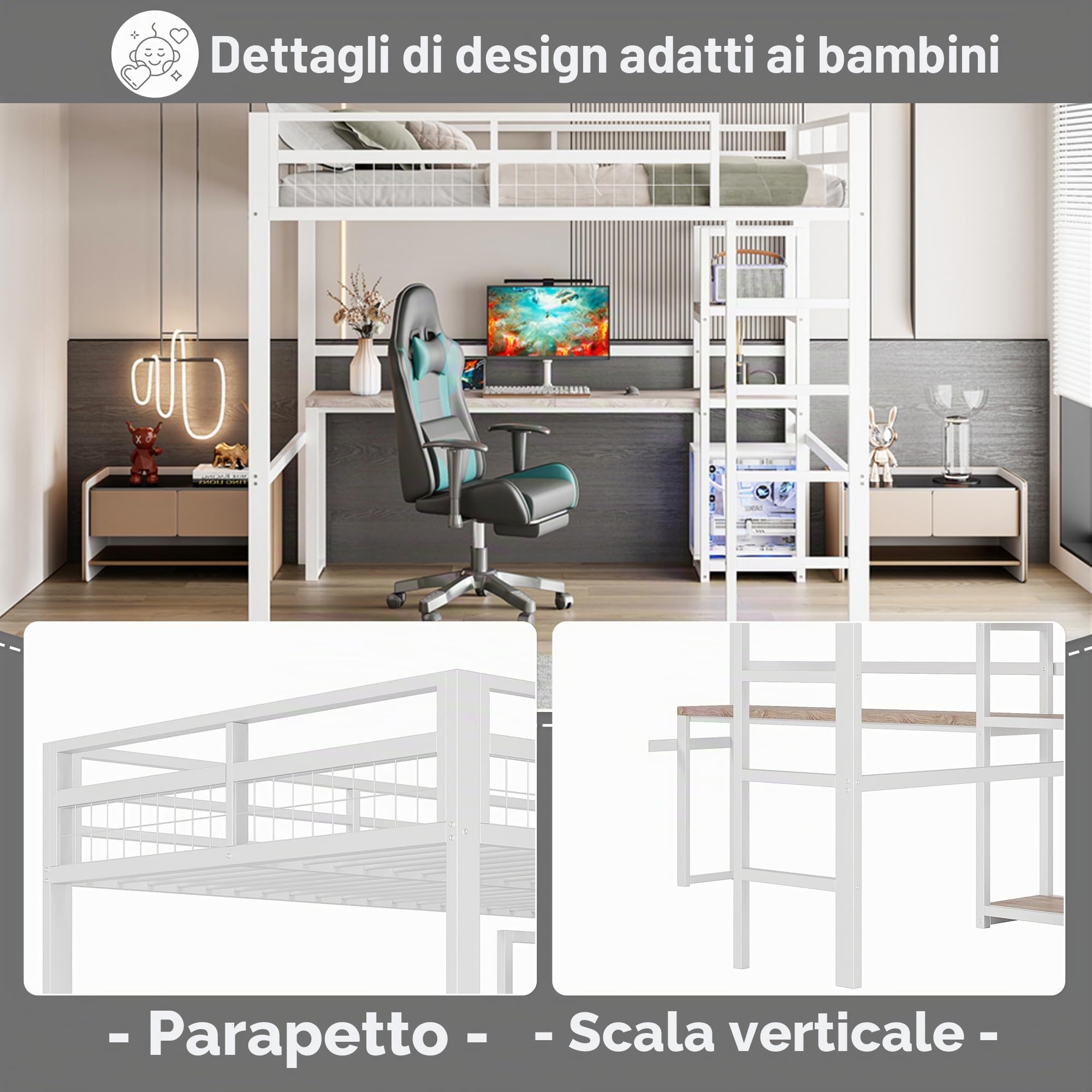 Letto a soppalco in metallo, 140 x 200 cm, scrivania con presa e scaffale, con ricarica USB + Type-c, per bambini, ragazzi e adulti, letto a castello, senza materasso (bianco)