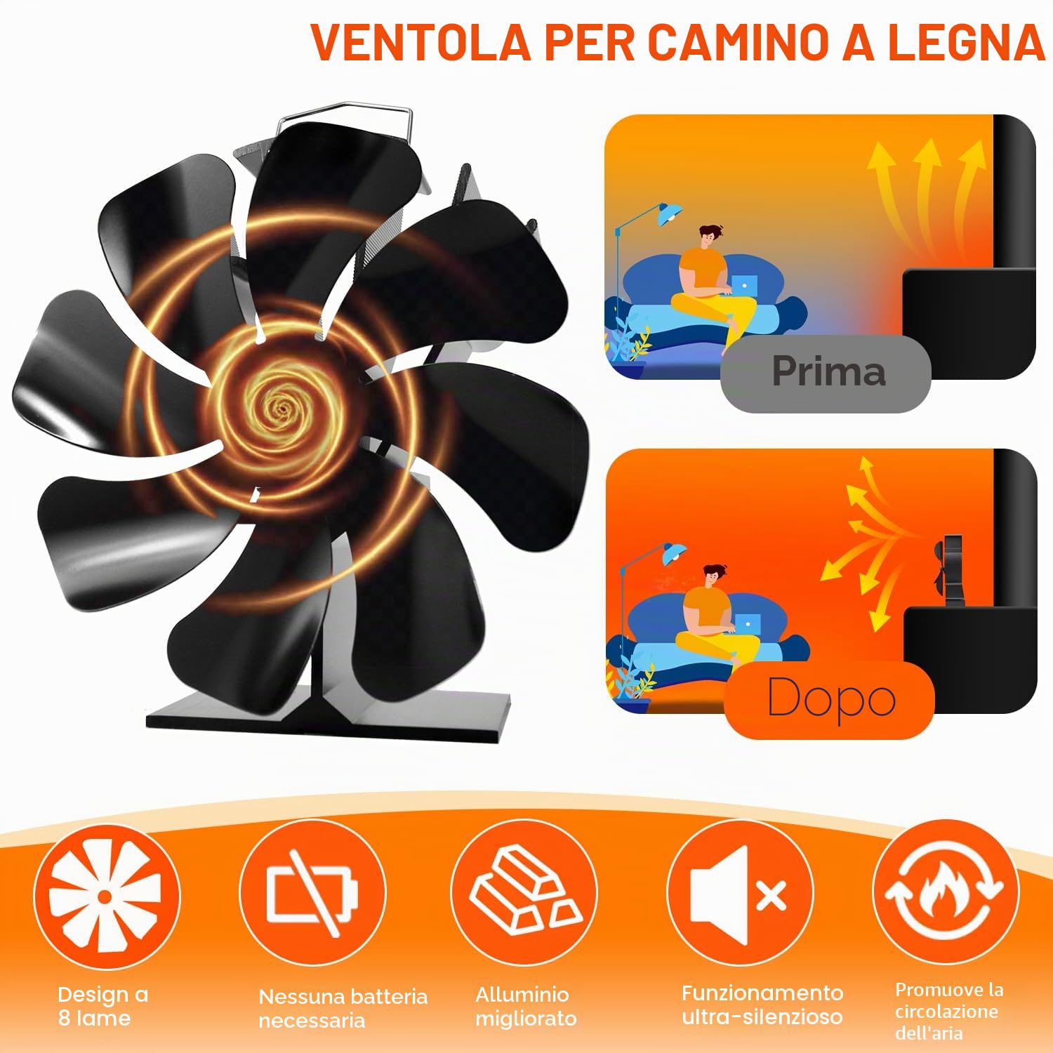 Ventilatore per stufa a legna 8 pale Silenziatore Ventilatore per camino Ventilatori riscaldanti con termometro per stufe a legna/caminetti