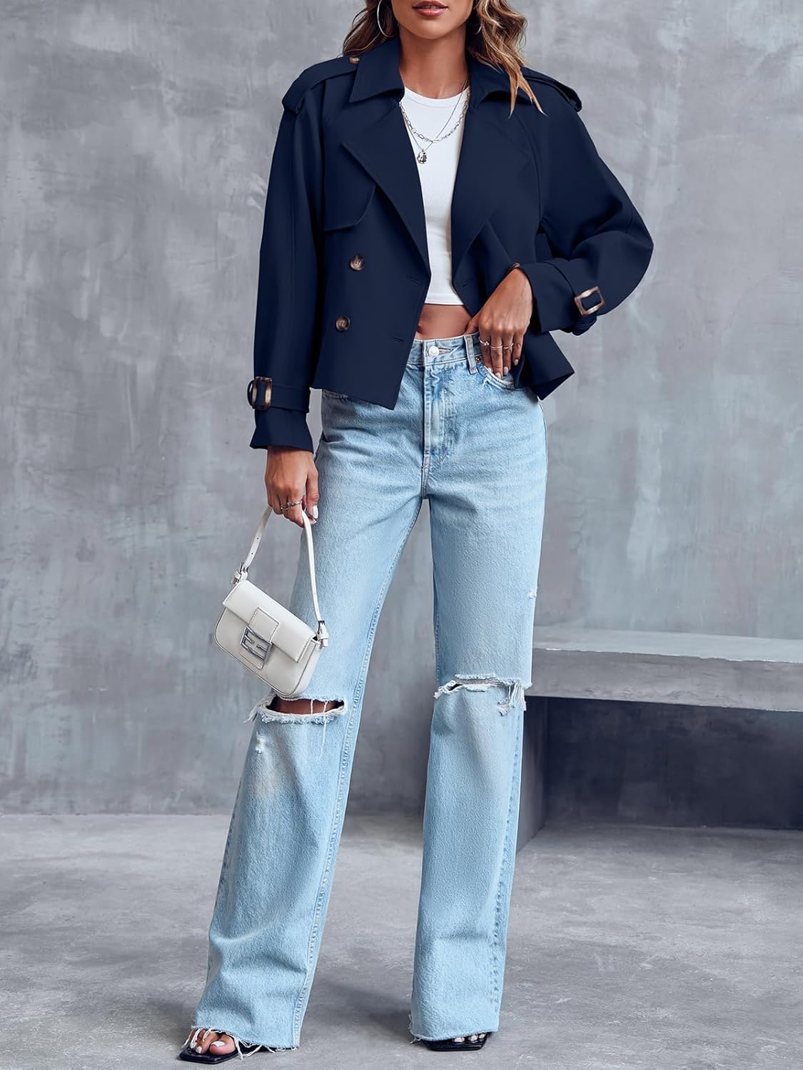 Saodimallsu Women Crop Double Breasted Trench Coat Raglan Sleeve Work Office Cropped Jacket With Pockets - Image 4