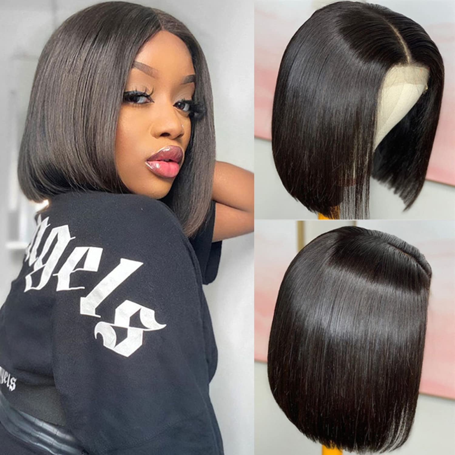 Corto Bob Peluca de cabello humano Cabello liso 4x4 Encaje Frontal peluca Brasileña Virgen Cabello humano Sin cola Pelucas para mujeres con cabello de bebé Color negro natural 10 pulgadas