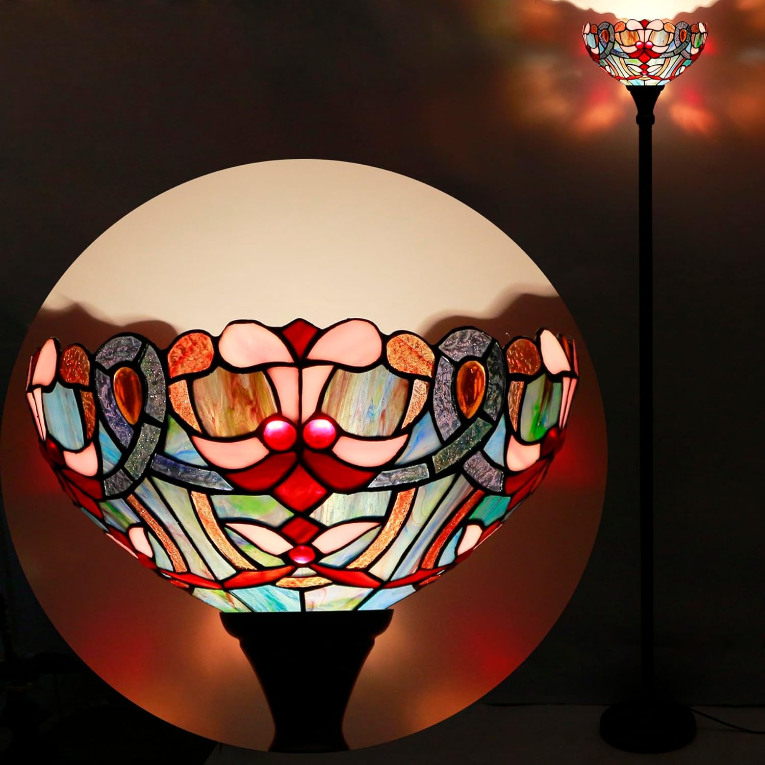 WERFACTORY Tiffany Floor Lamp Blue Pink Stained Glass Light 12X12X71 Inches Pole Torchiere Standing Corner Torch Uplight Decor Bedroom Living Room Home Office S830B Series