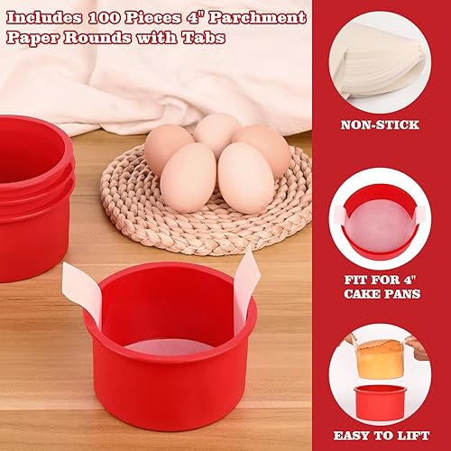 Miniatura 5 de HUAKENER Molde para pasteles de 4 pulgadas, paquete de 4 moldes de silicona para pasteles con 100 piezas de papel pergamino, molde redondo