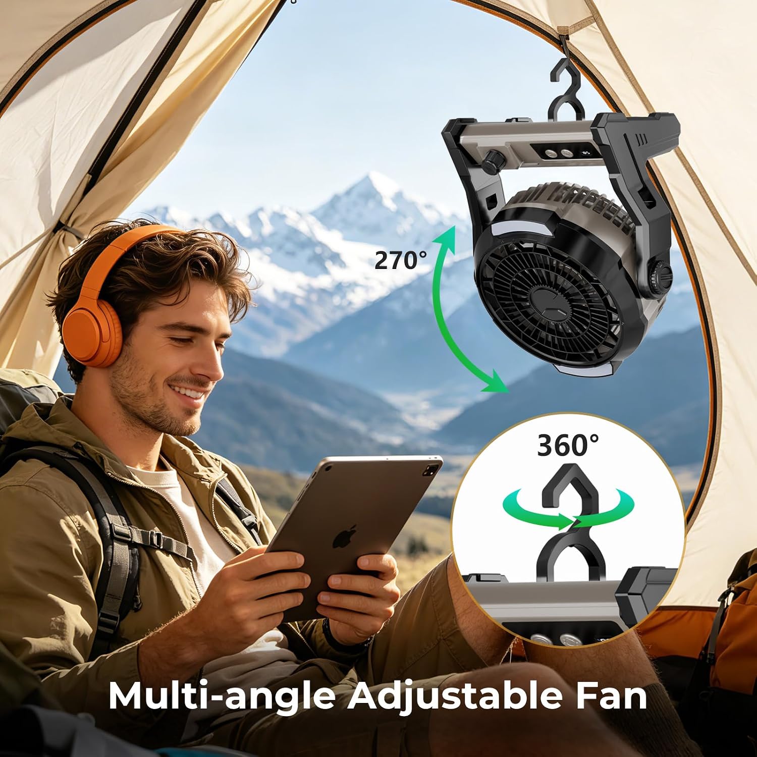 ZAFRO Portable Camping Fan with 10000mAh Rechargeable Battery, 100-Speed Adjustable, 8H Timer & LED Light, 3-in-1 Desk & Hanging Fan, Outdoor USB Power Bank Fan for Tent Travel Bedroom Office