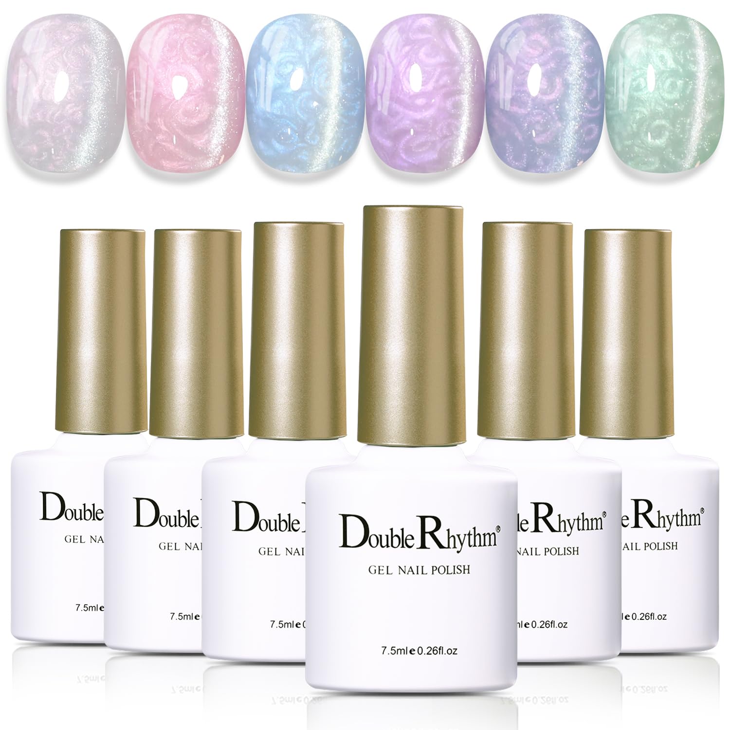 Double Rhythm Cat Eye Gel Polish Set 6 Colors Shimmer Glitter with Magnet Holographic Reflective Magnetic UV Nail Art Kit (Pearl Pink Blue Green
