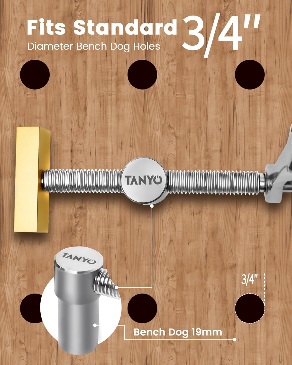 TANYO Bench Dog Clamp, 3/4'' Dog Hole Clamps for Woodworking, 19mm Adjustable Stainless Steel Bench Dogs with 2 Ratchet Wrenches, Table Clamps for Woodworking Tools 2 Pcs