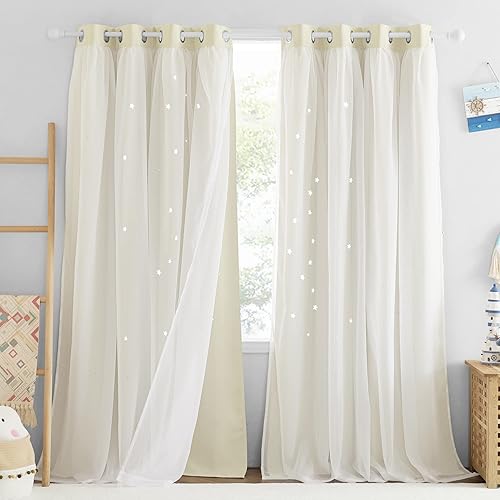 NICETOWN Baby Star Blackout Curtains with Sheer 84 Inches Long, Thermal Insulated Double Layer Room Darkening Curtains for Bedroom, Living Room, Nursery, 2 Panels, 52W x 84L, Light Beige