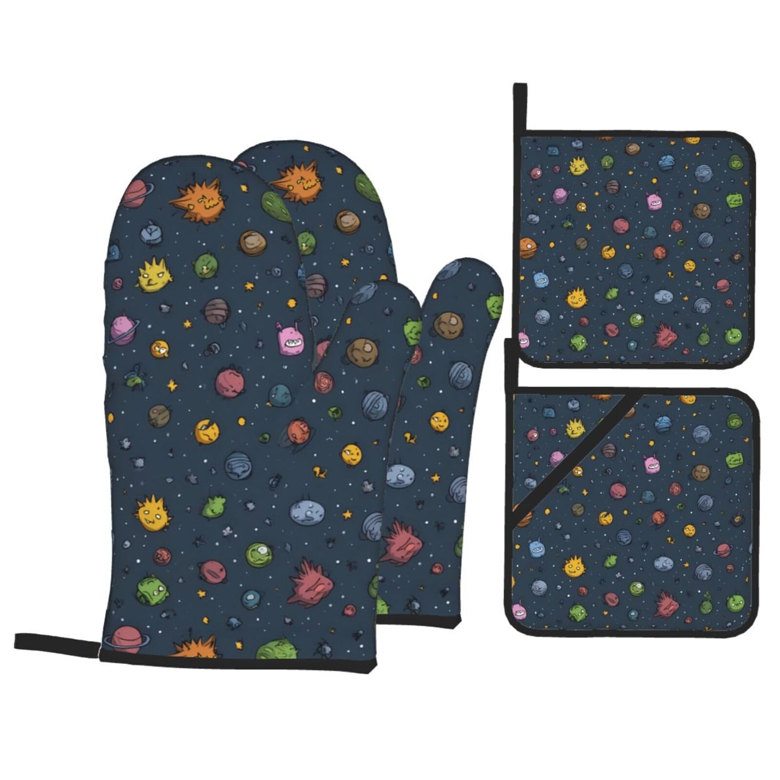HJFCZH Cartoon Universe Picture Kitchen Baking Set of 4 Thick Insulated Oven Mitt & Pot Holders, Anti-Scalding for Microwave, Oven, Outdoor BBQ
