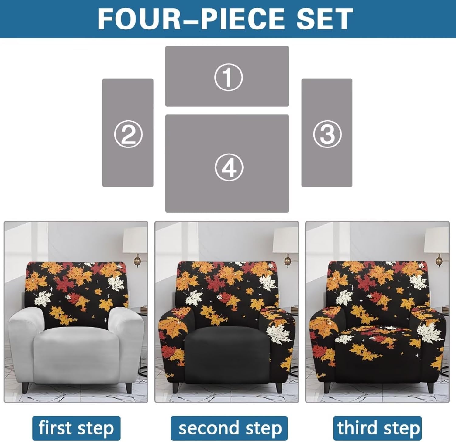 FOR U DESIGNS Maple Leaves Stretch Recliner Covers 4-Piece Set Elastic Sofa Slipcover Fit Small Recliners with Storage Pocket Machine Washable Furniture Home Decor