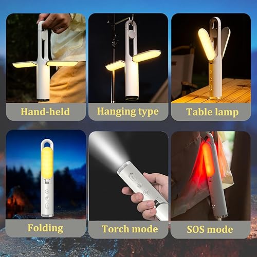 Miniatura 4 de Luz LED para campamento, luz recargable plegable con batería integrada de 2400 mAh, 5 modos, luz de emergencia multifuncional con linterna y función