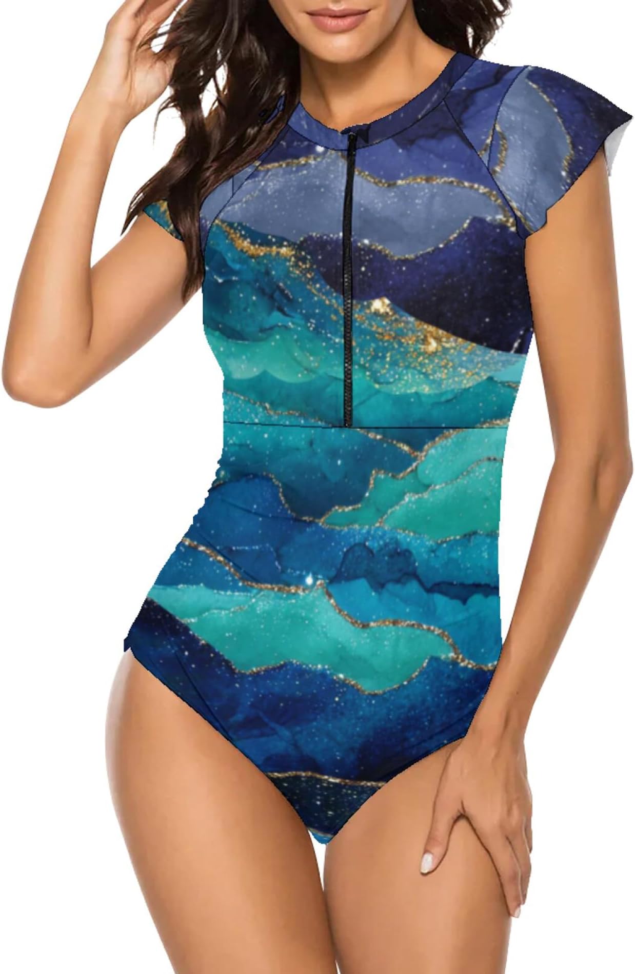 Women Modest One Piece Bathing Suit Short Sleeve Tummy Control Swimsuit Zipper Surfing Athletic Rash Guard