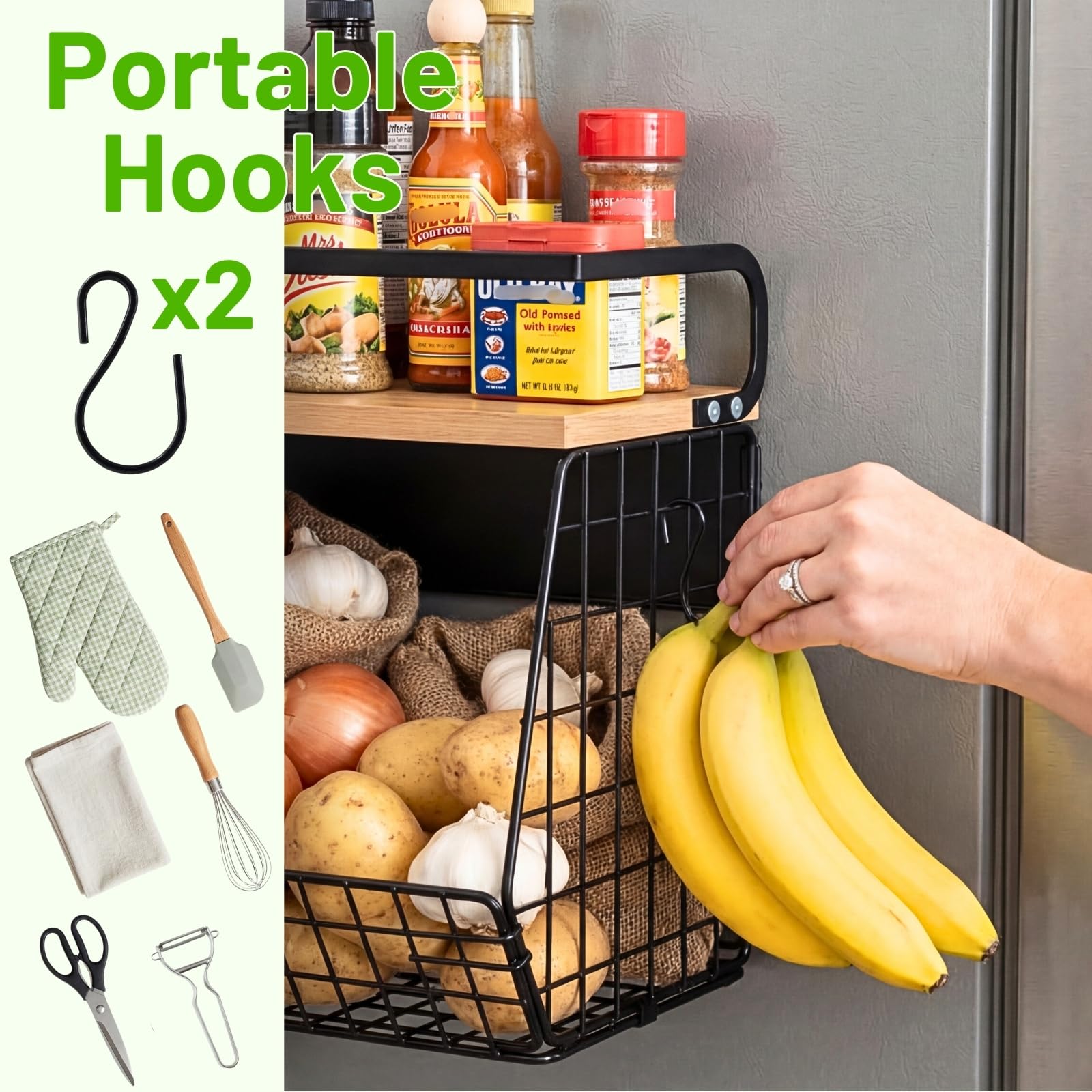 Ofiray-home - Estante de almacenamiento magnético para nevera con tapa de madera - Cesta de metal grande para organizar frutas, cebollas, patatas y despensa - Estante de especias