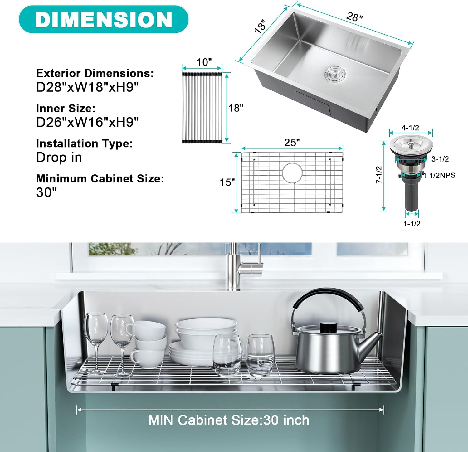 28 Inch Undermount Kitchen Sink, 18 Gauge 304 Stainless Steel Single Bowl with Bottom Grid & Roll-Up Drying Rack, Deep 9” Basin for Kitchen & Laundry (28”x18”x9”)