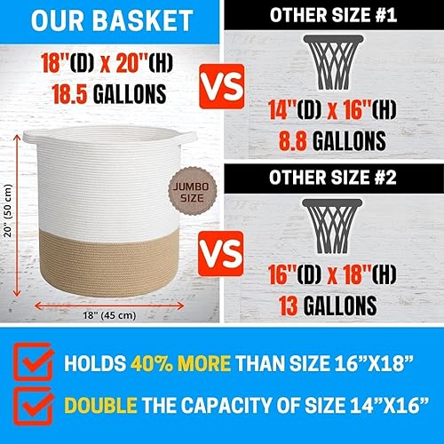 Miniatura 4 de MINTWOOD Design Cesta decorativa de cuerda de algodón tejida extra grande de 20 x 18 pulgadas, cesta alta para ropa sucia, canasta para manta para
