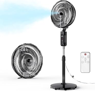 Outdoor Misting Fan, 12-Inch 20000mAh Outside Water Cooling Fan for Patios Bedroom, 2 In 1 Portable Standing & Tabletop Oscillating Fans with Mister Kit, Mist Fans with Remote/Spray/7 Gear/Timer