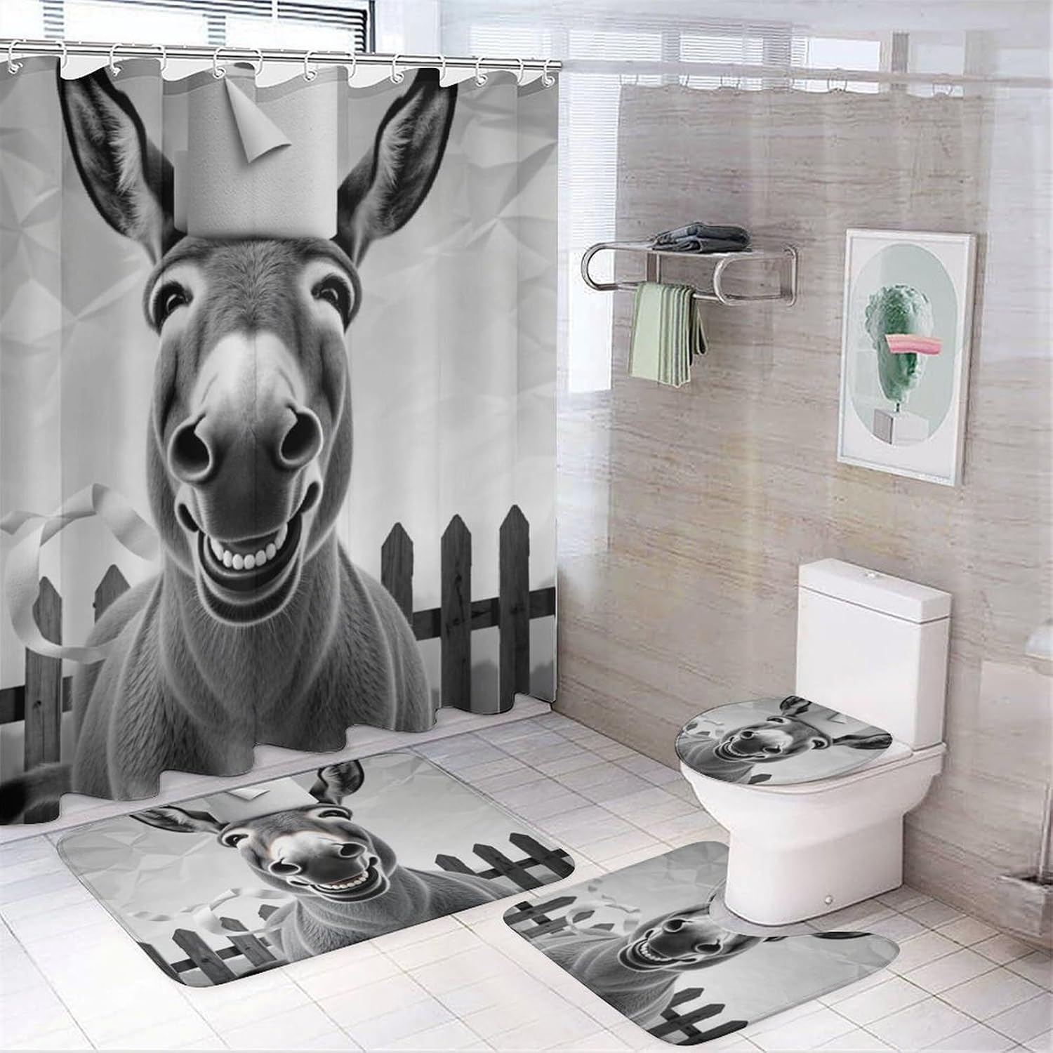 4PCS Funny Donkey Tissue Fence Ear Shower Curtain Set 72W X 72L, Funny Nose Gray Print Bathroom Decor, Toilet Lid Cover Non-Slip Rugs and U-Shaped Mat Set 12 Hooks