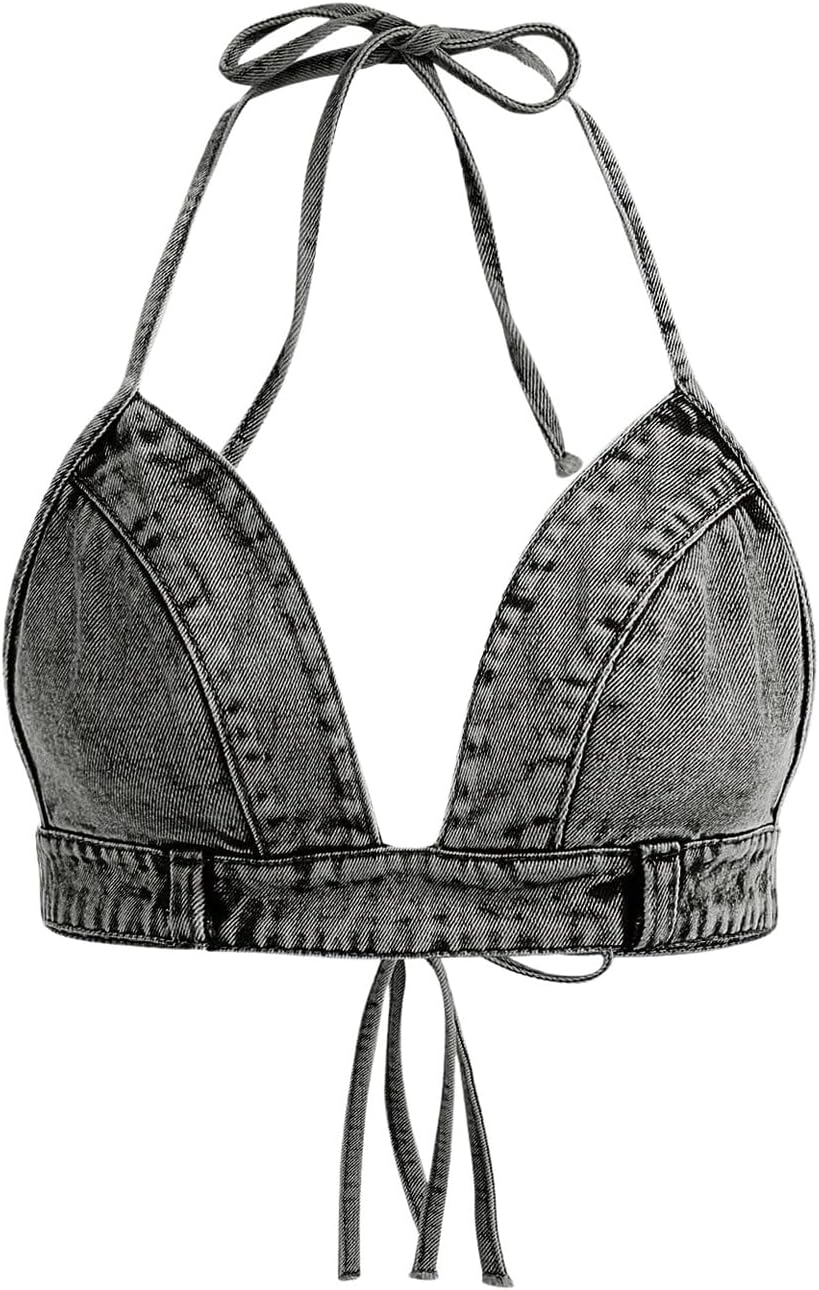 SHENHE Women's Denim Halter Top Tie Backless Triangle V Neck Sexy Jean Crop Top Country Western Bustier