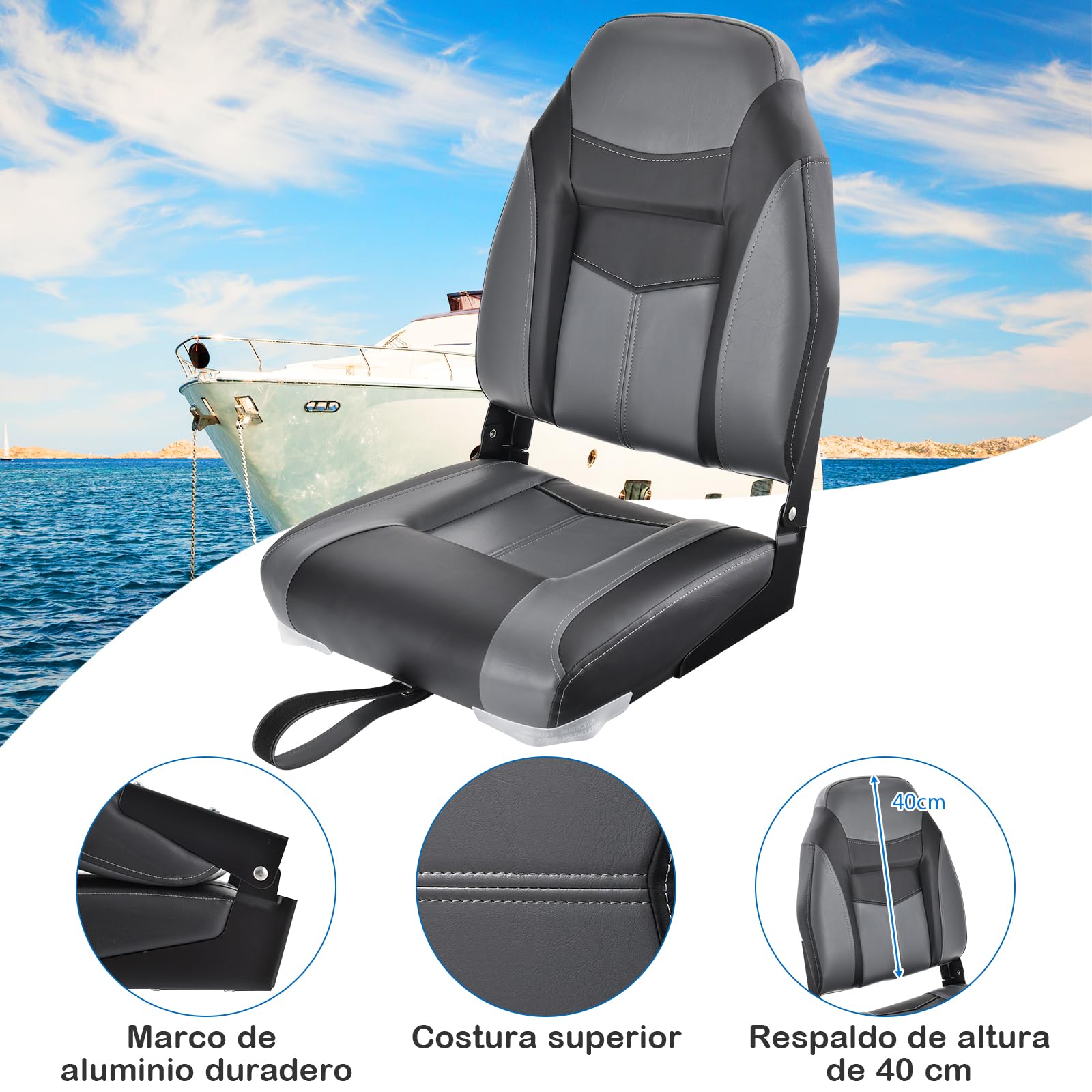 COSTWAY Asiento de Barco Plegable con Respaldo Alto, Asientos Barco con Cojín Acolchado Suave, Asiento de Capitán Plegable y Ergonómico, 42 x 50 x 51 cm(negro, 2)
