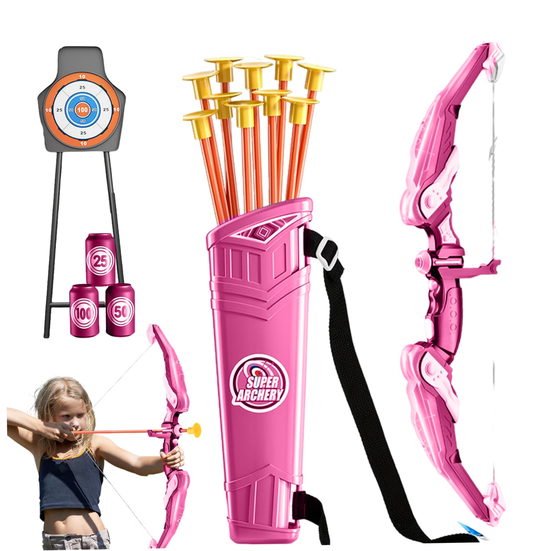 Set Arco e frecce per bambini Set di tiro con l'arco per bambini in plastica LED Include e frecce, custodia, bersagli bottiglie Giocattoli educativi facili da usare per 4 anni Rosa