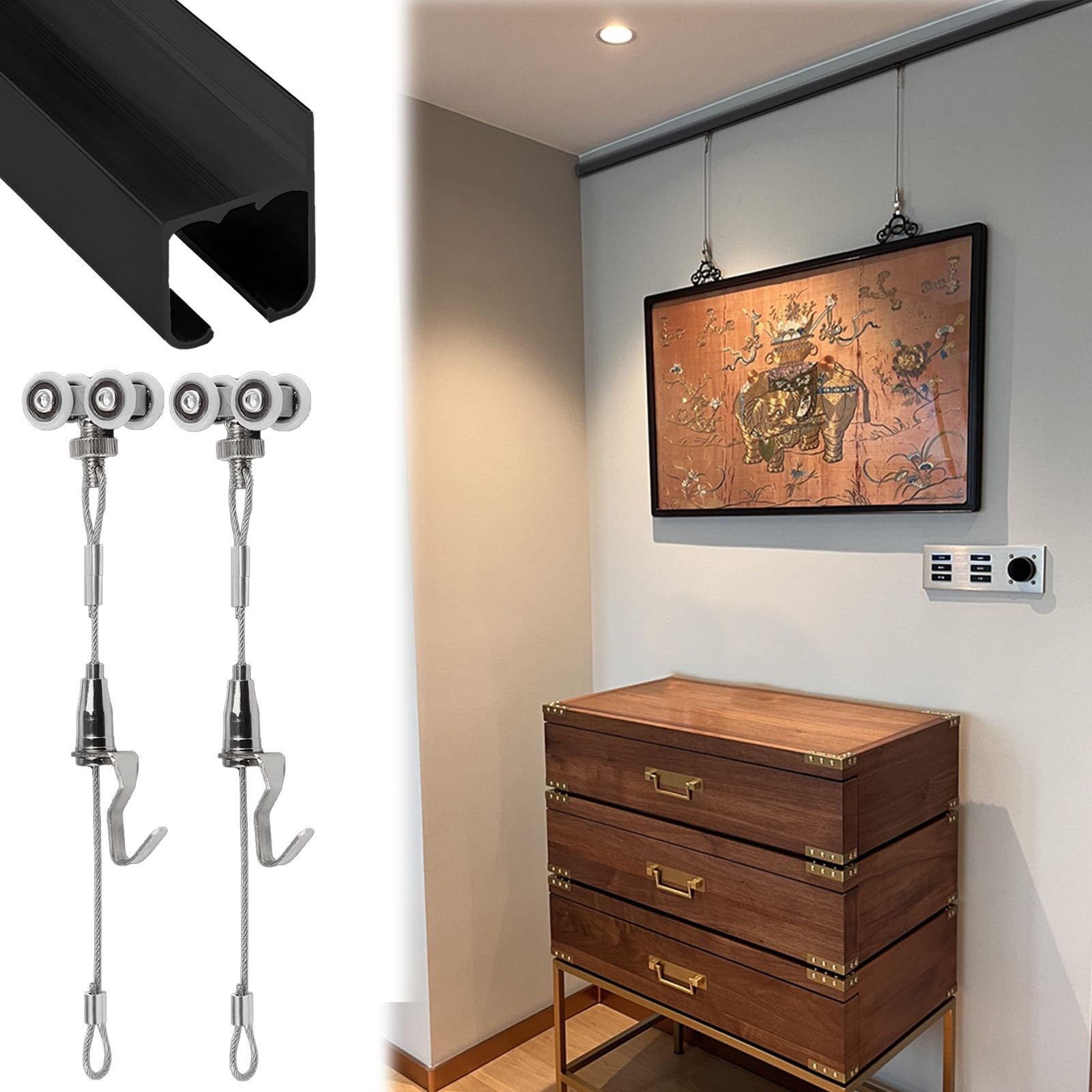 ganci per quadri Appensione arte con binario alluminio bianco, ganci regolabili murali 40" 60" ufficio, supporto esposizione opere galleria(Black 40" Rail,11.5'/3.5m Cord)