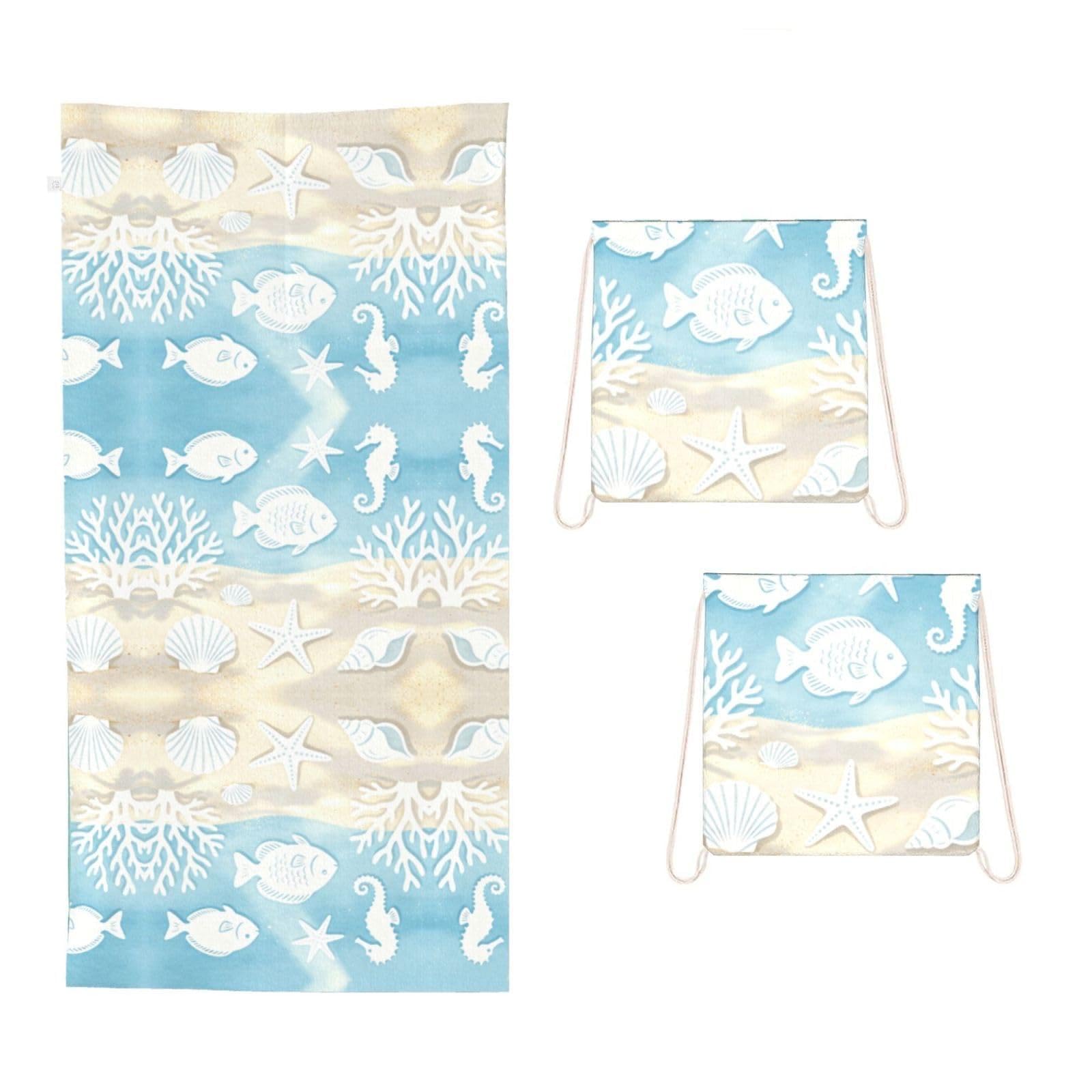 CNTDBU Shell Coral Print 2 in 1 Packable Towel Bag-Large Beach Towel with Stuff Sack, Super Absorbent Microfiber Travel Towel for Pool