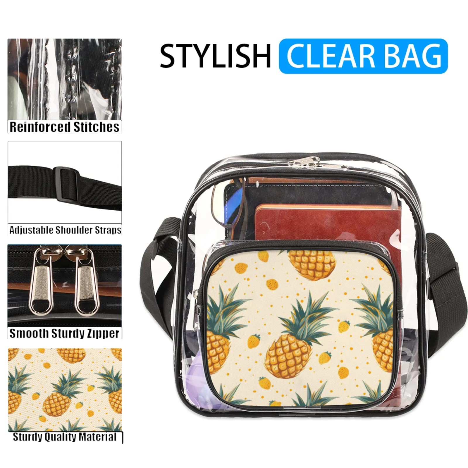 Clear Crossbody Bag Stadium Approved Fruit Pineapple Transparent Bag for Festivals, Sports Events, Concerts,Beach Bag for Women Men Clear Purse with Front Pocket Messenger Bag with Adjustable Strap
