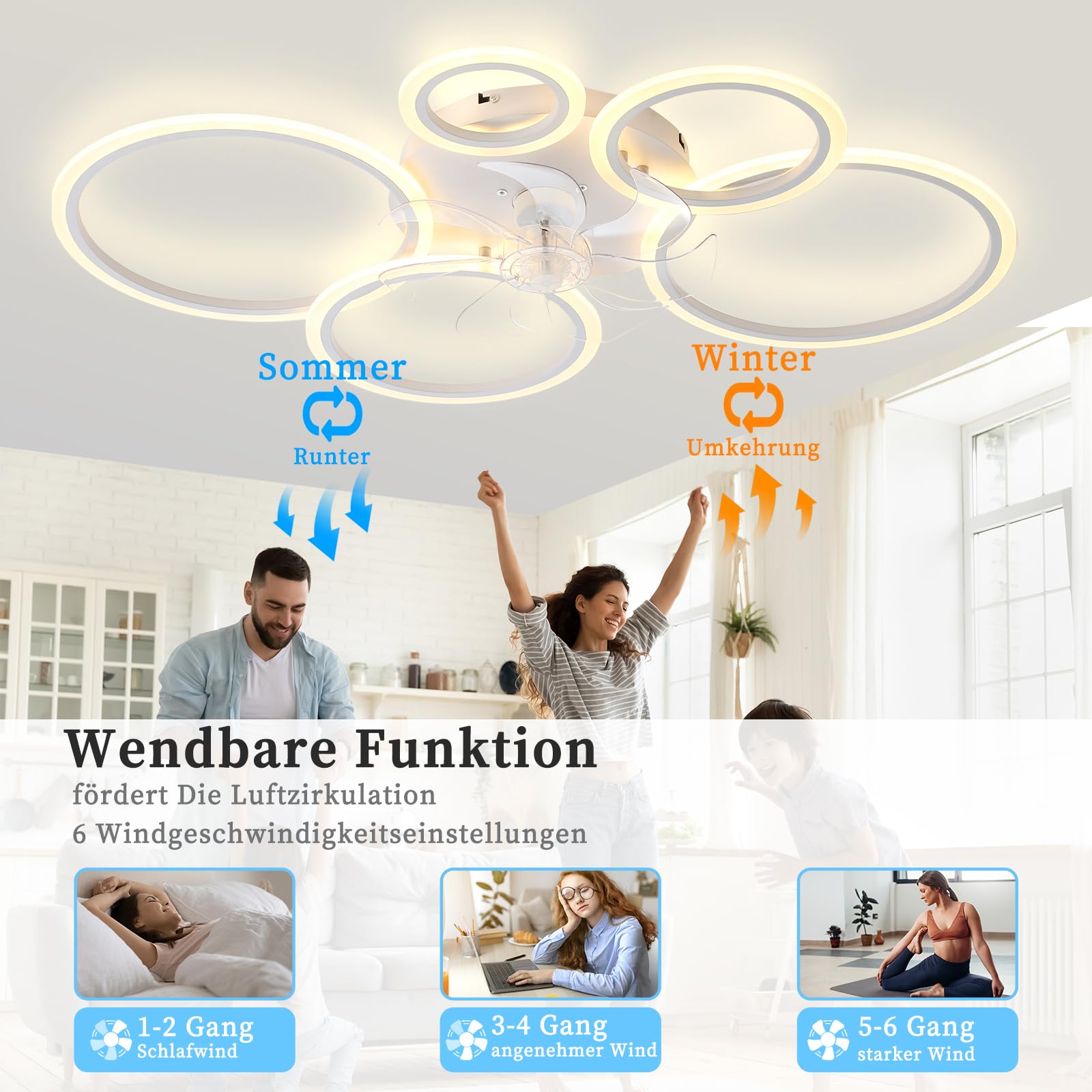 Ventilador LED De Techo Con Luz De 130 W Y Control Remoto, 3 Temperaturas De Color Y 6 Velocidades Para Sala De Estar O Dormitorio