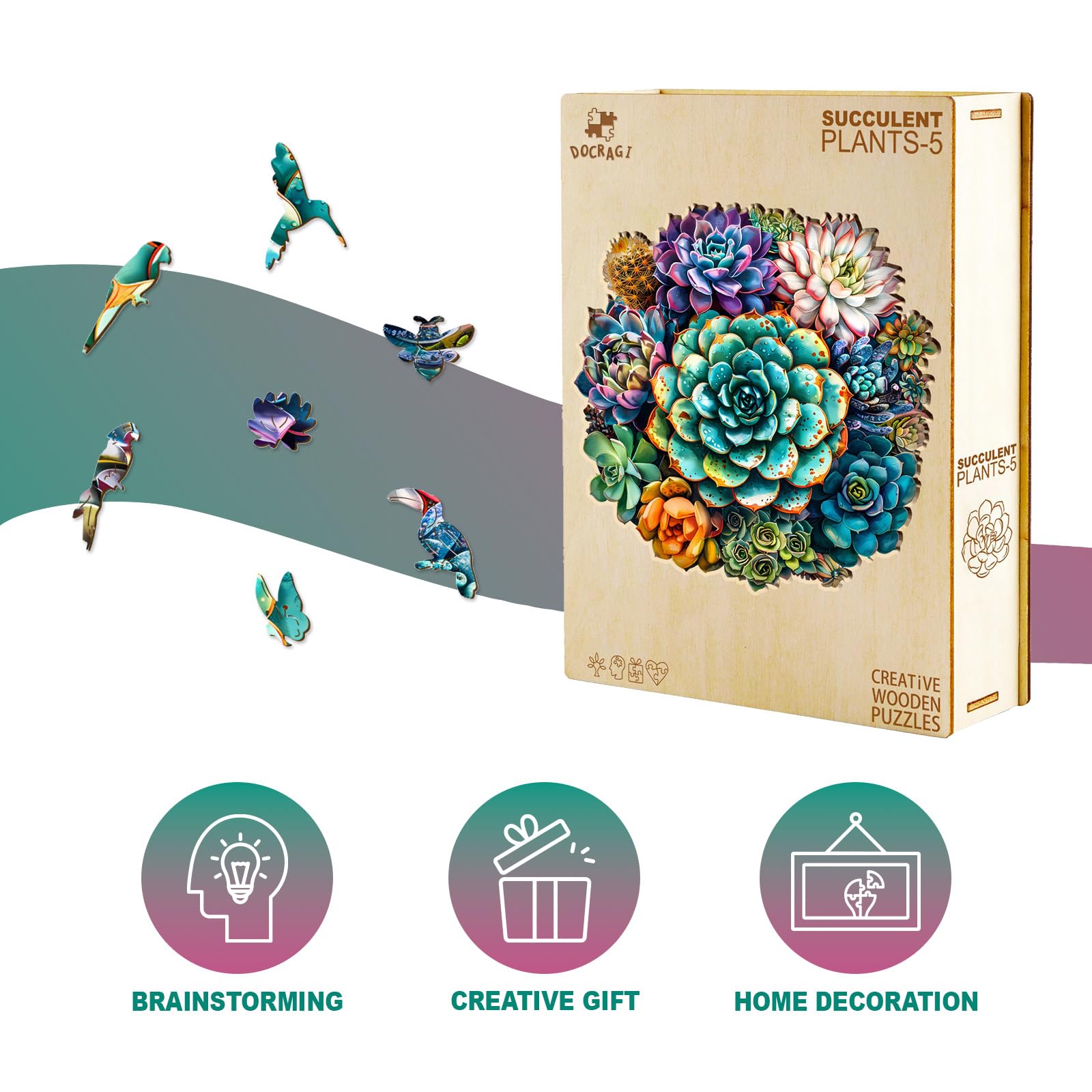 Succulent Plants Wooden Jigsaw Puzzle - 100 Piece Adult Puzzle With Unique Animal Shape