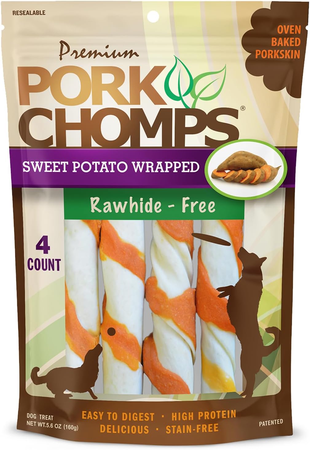 Pork Chomps Baked Pork Skin Dog Chews, 6 Inch Twists, 4 Count - Sweet Potato Wrap - Long-Lasting Treats for Dogs - High Protein, Rawhide-Free, Low Fat, Healthy & Delicious Chews