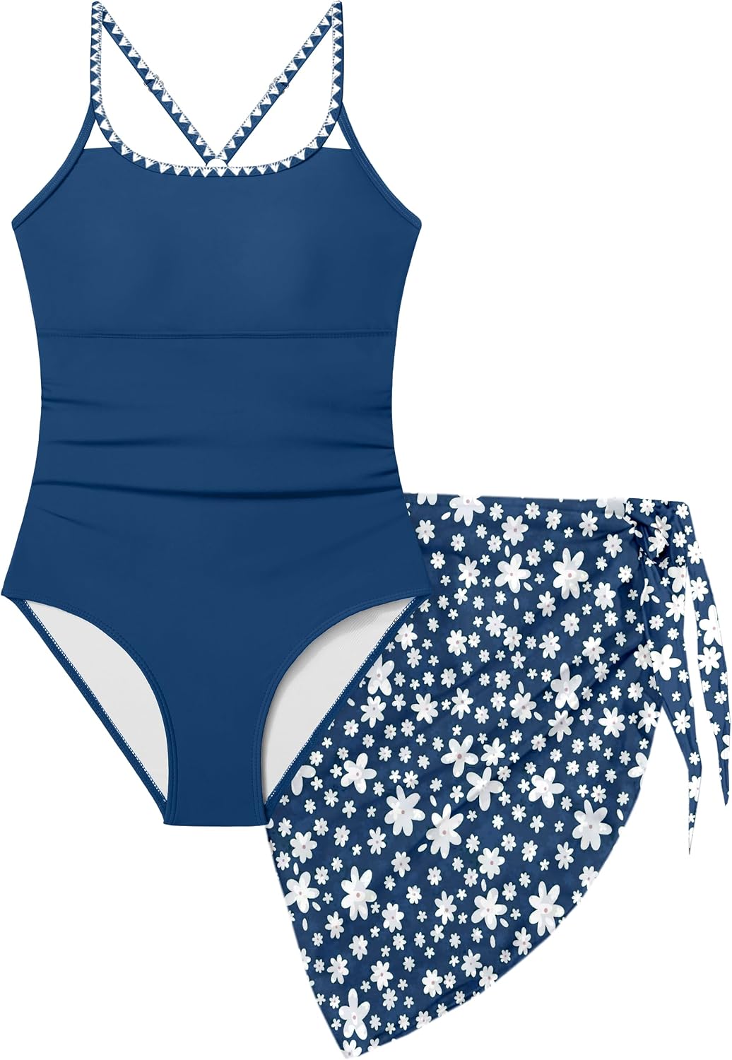 KANGKANG Girls Swimsuit Quick Dry Cut Out One Piece Swimsuits with Tropical Print Cover Up Skirt Bathing Suit Swimwear 7-18Y